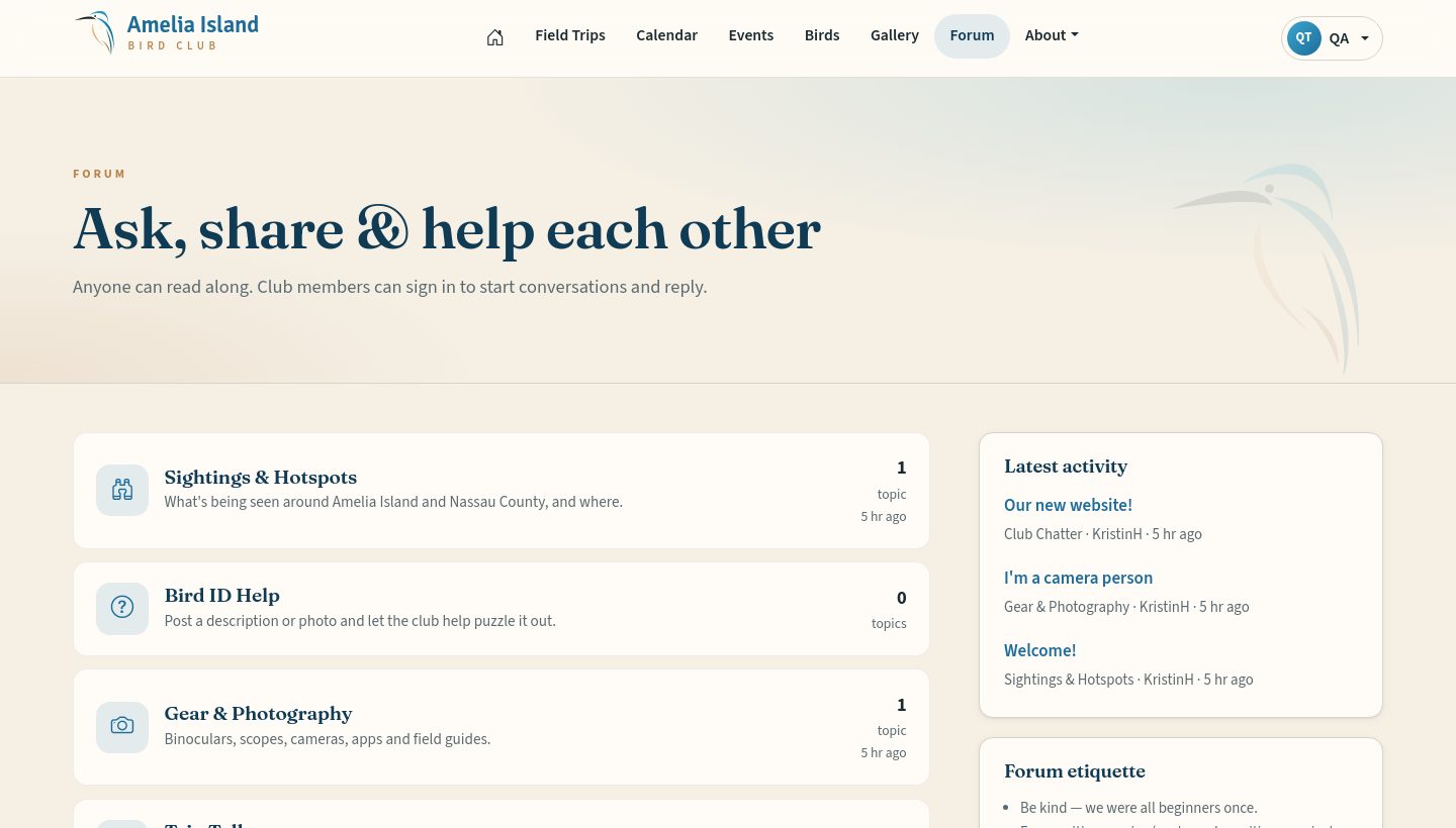 The forum home page with its categories and latest activity.