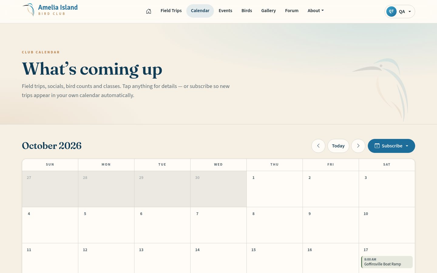 The club calendar. Colors show field trips, trip reports, events and other dates.
