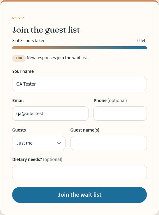 An RSVP card. When an event is full it may offer a wait list.
