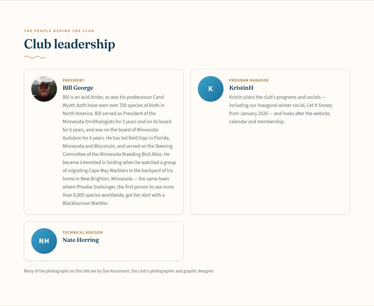 Club leadership on the About page shows names and titles — never email addresses or phone numbers.