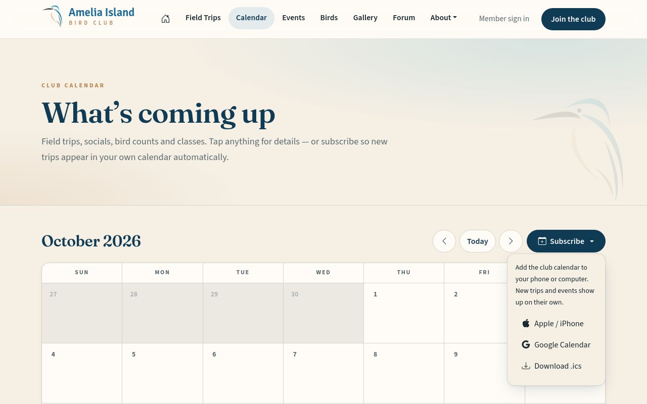 The calendar, with the Subscribe menu open.