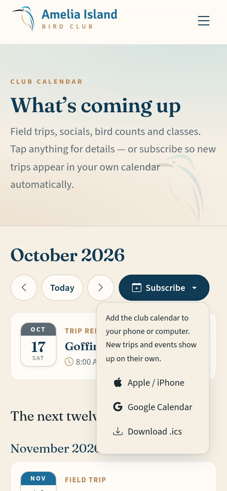 The calendar, with the Subscribe menu open.