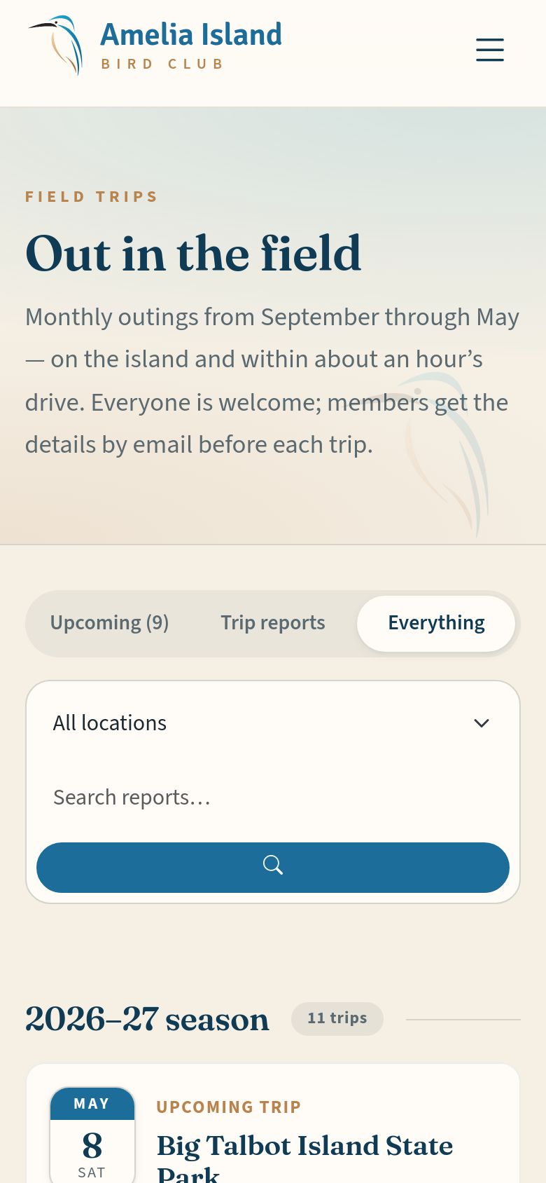 Field trips — coming outings, and past trips with their reports.